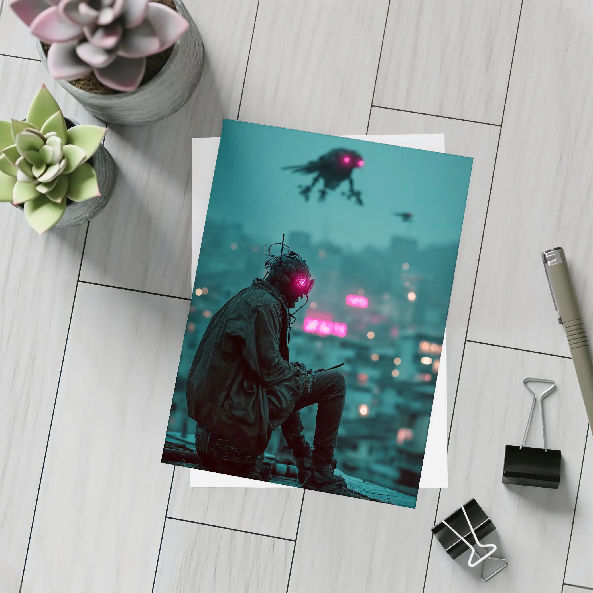 Cyberpunk Figure Sitting On Rainy City Rooftop – Postcards