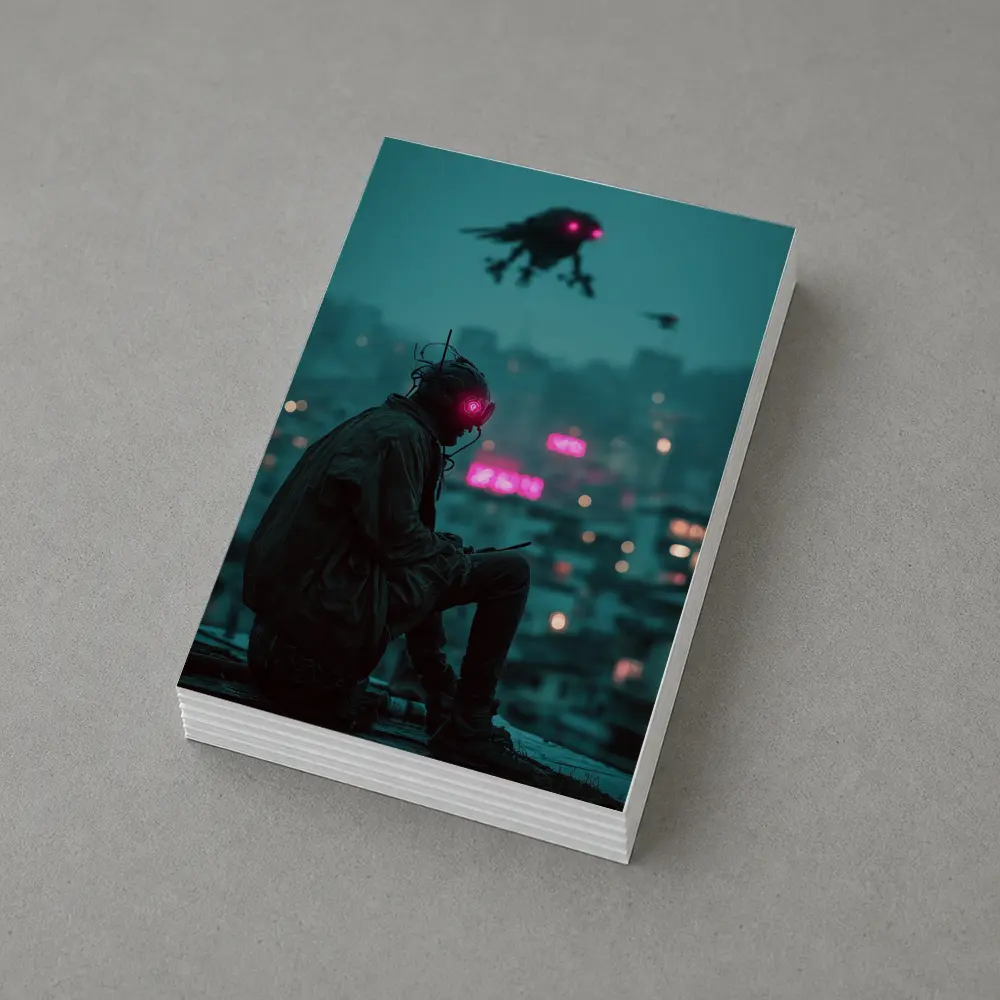 Cyberpunk Figure Sitting On Rainy City Rooftop – Postcards