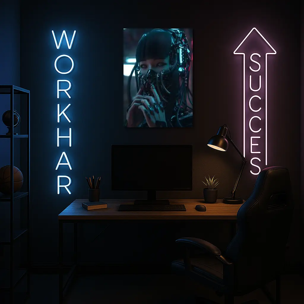Cyberpunk Female Android Dark Neon City – Wall Art