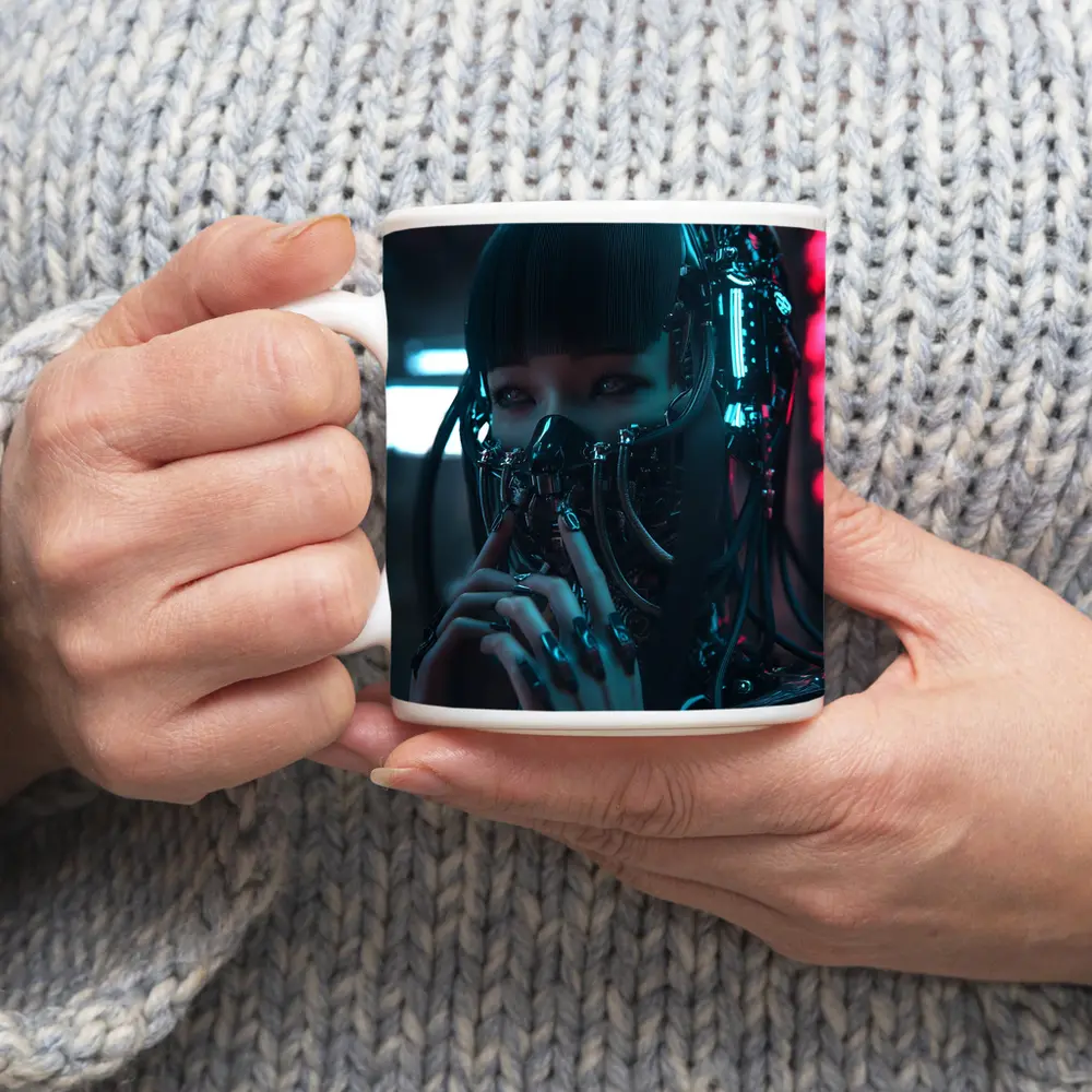 Cyberpunk Female Android Dark Neon City – Mugs