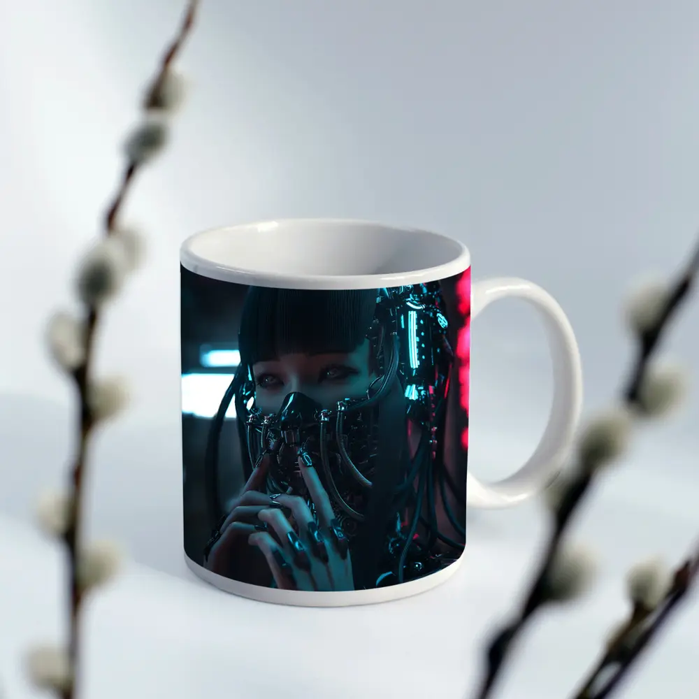 Cyberpunk Female Android Dark Neon City – Mugs