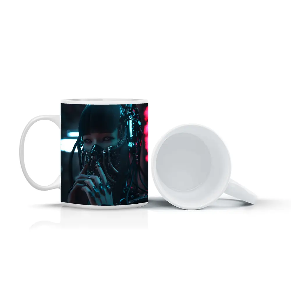Cyberpunk Female Android Dark Neon City – Mugs