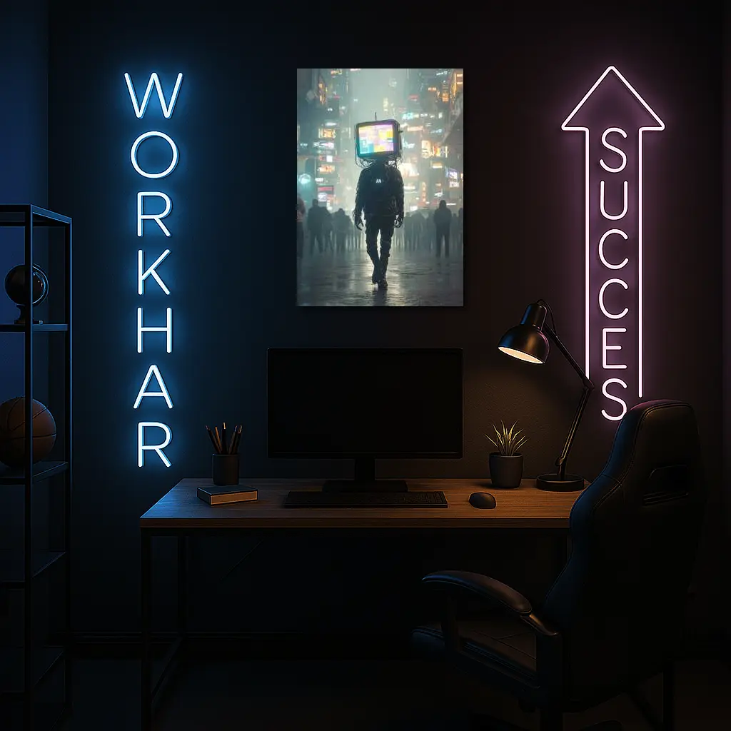TV Head Figure Walking Cyberpunk City Night – Wall Art