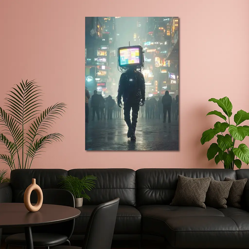TV Head Figure Walking Cyberpunk City Night – Wall Art