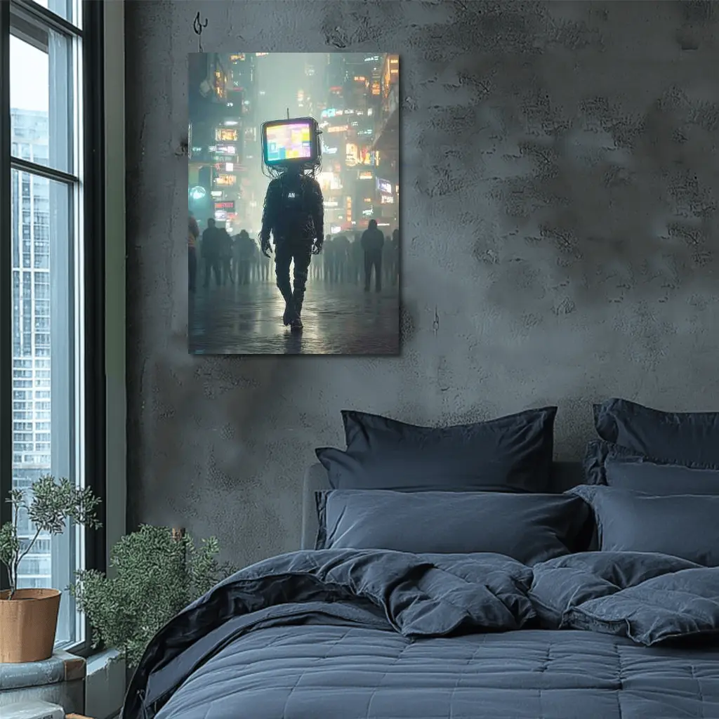 TV Head Figure Walking Cyberpunk City Night – Wall Art