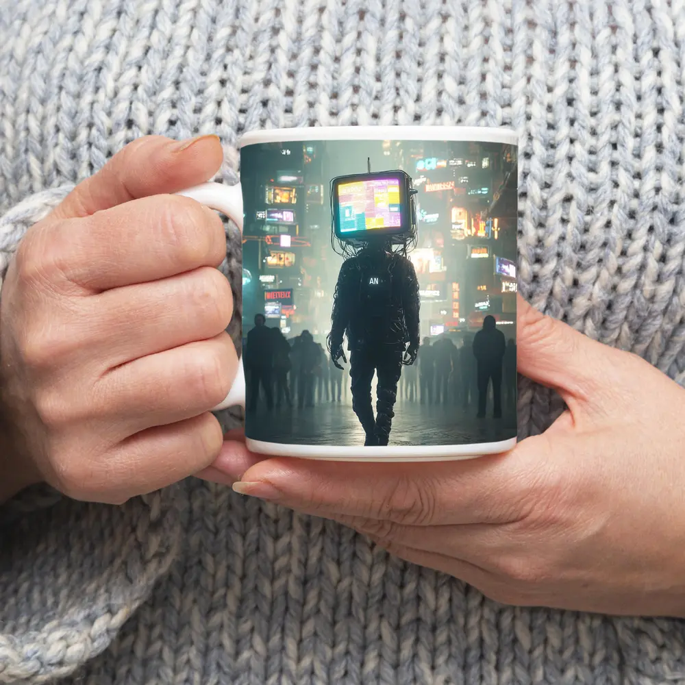 TV Head Figure Walking Cyberpunk City Night – Mugs