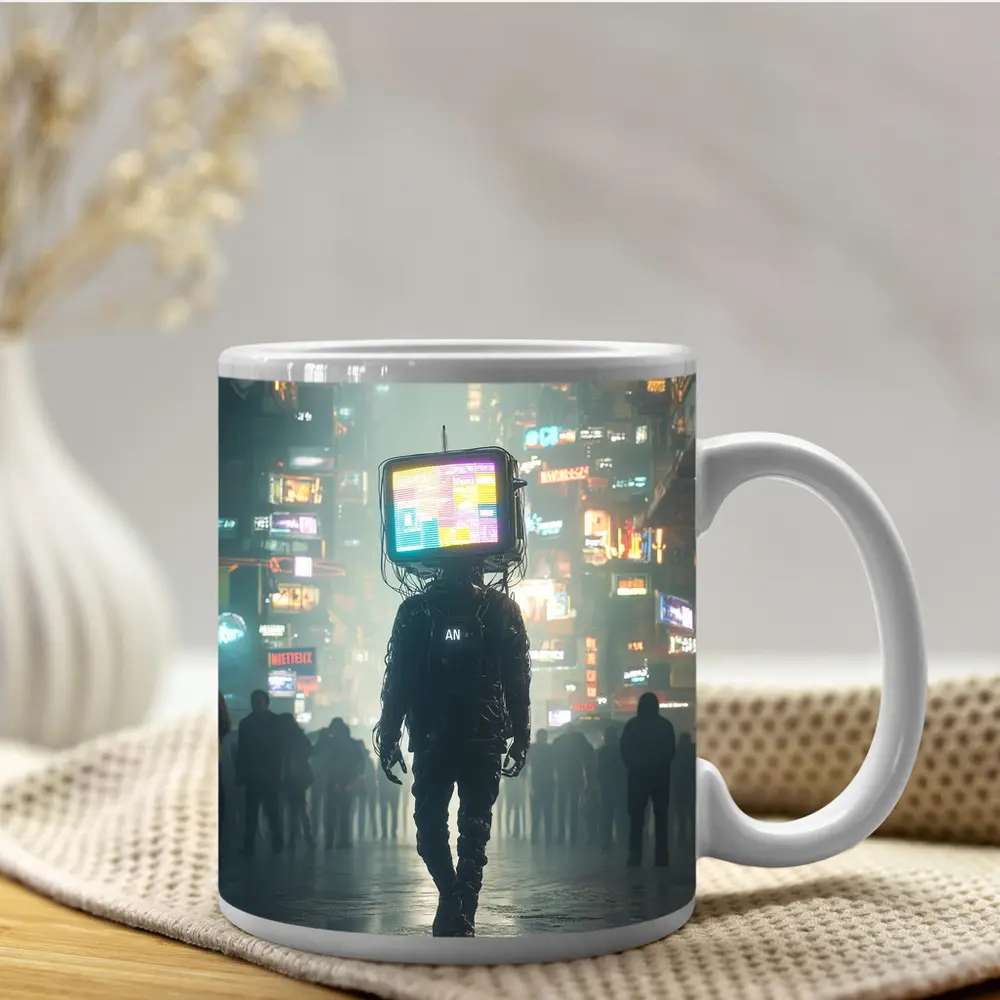 TV Head Figure Walking Cyberpunk City Night – Mugs
