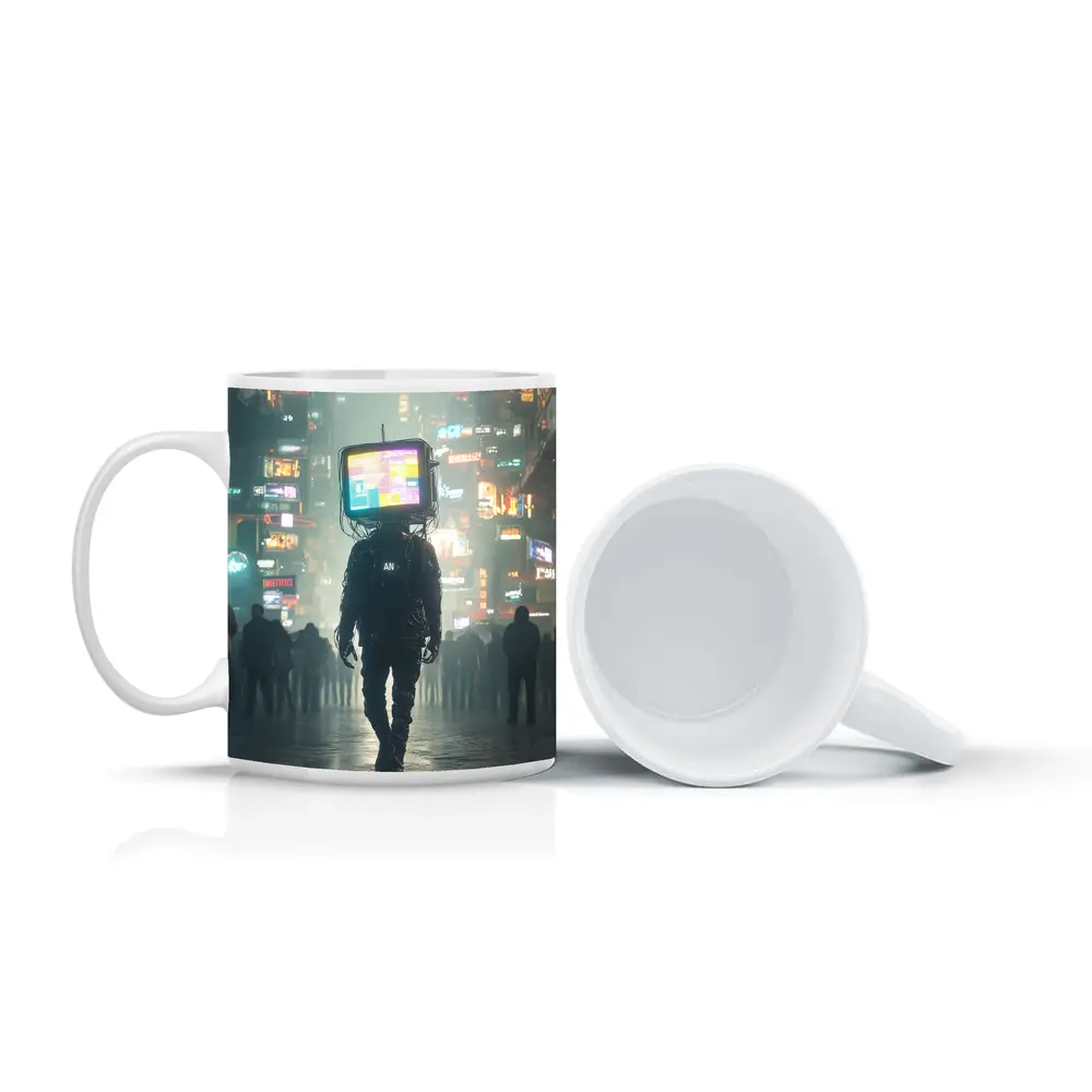 TV Head Figure Walking Cyberpunk City Night – Mugs