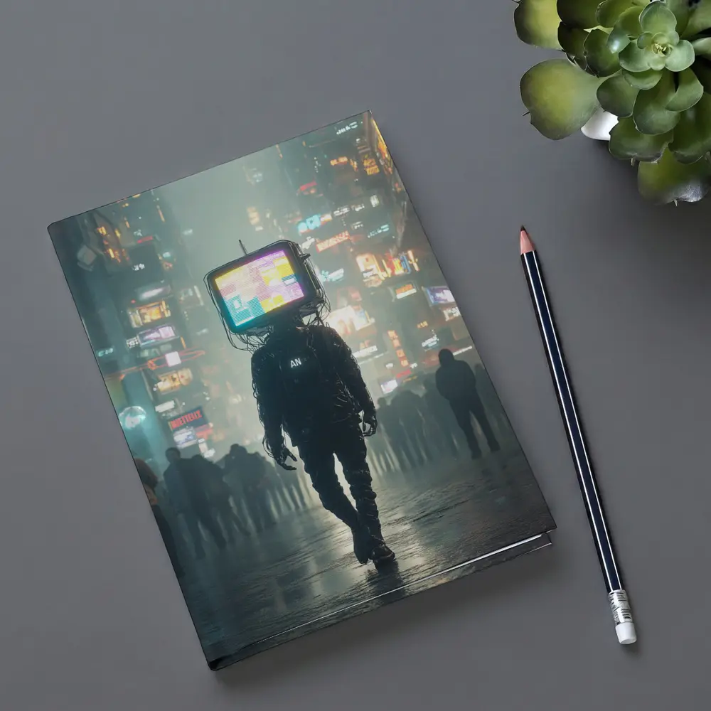 TV Head Figure Walking Cyberpunk City Night – Notebooks