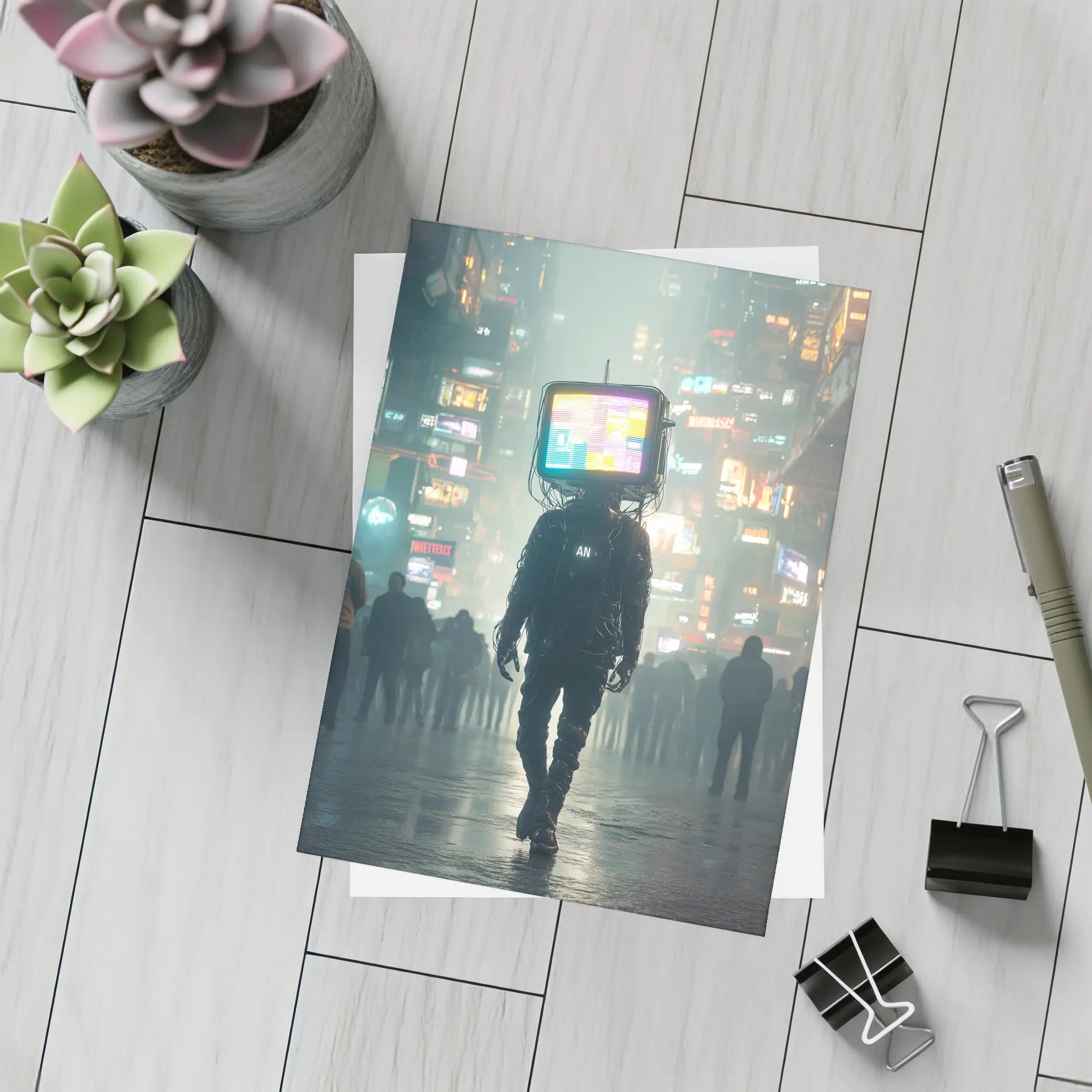 TV Head Figure Walking Cyberpunk City Night – Postcards
