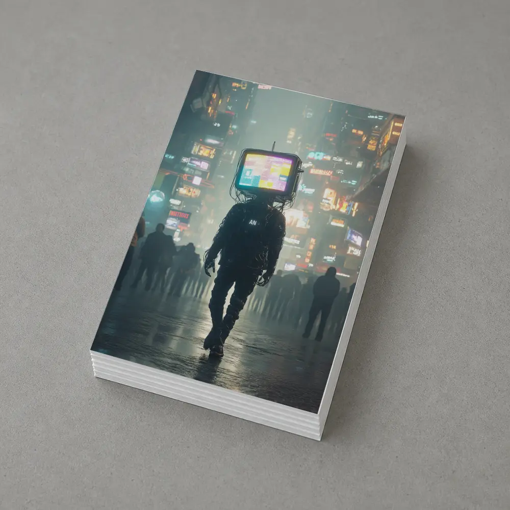 TV Head Figure Walking Cyberpunk City Night – Postcards