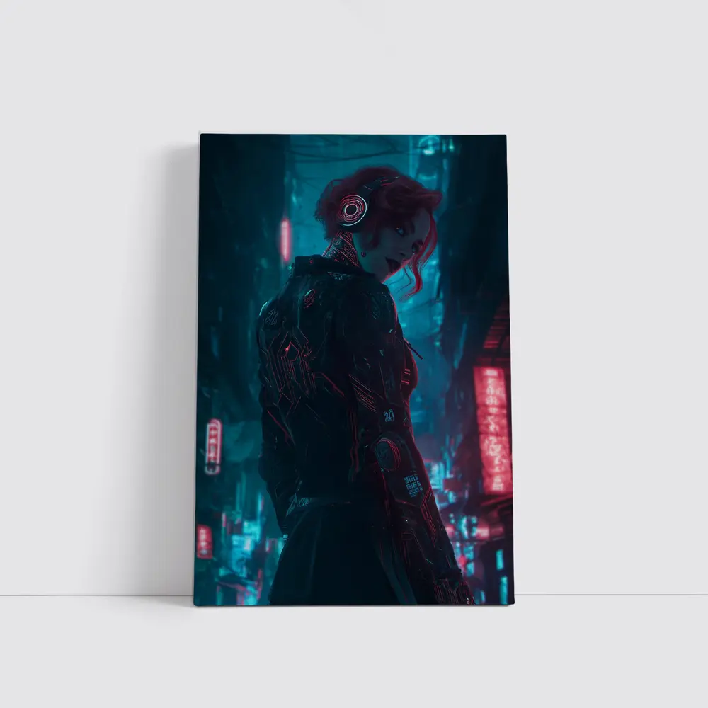 Cyberpunk Woman Neon City Night Art – Wall Art