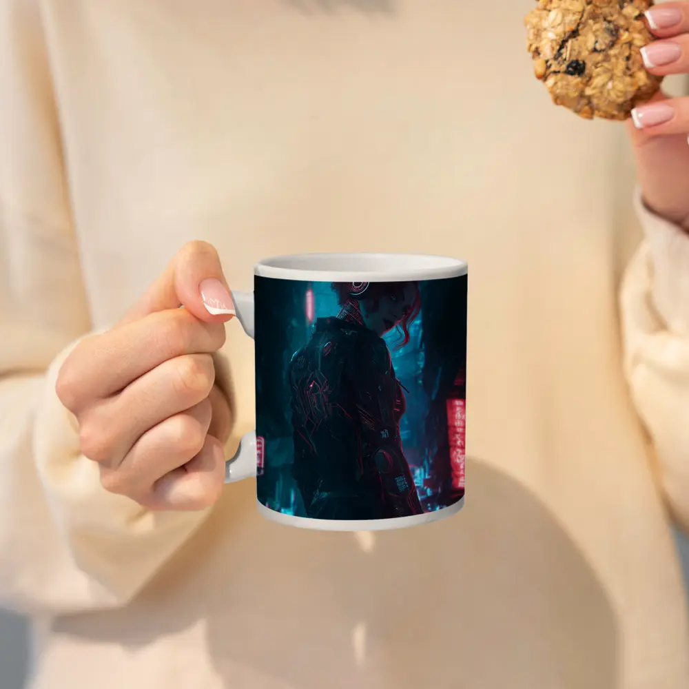 Cyberpunk Woman Neon City Night Art – Mugs