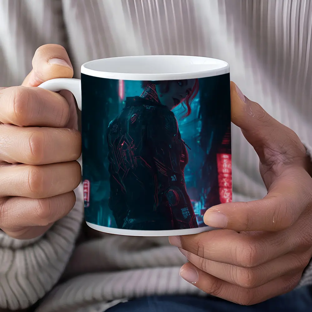 Cyberpunk Woman Neon City Night Art – Mugs