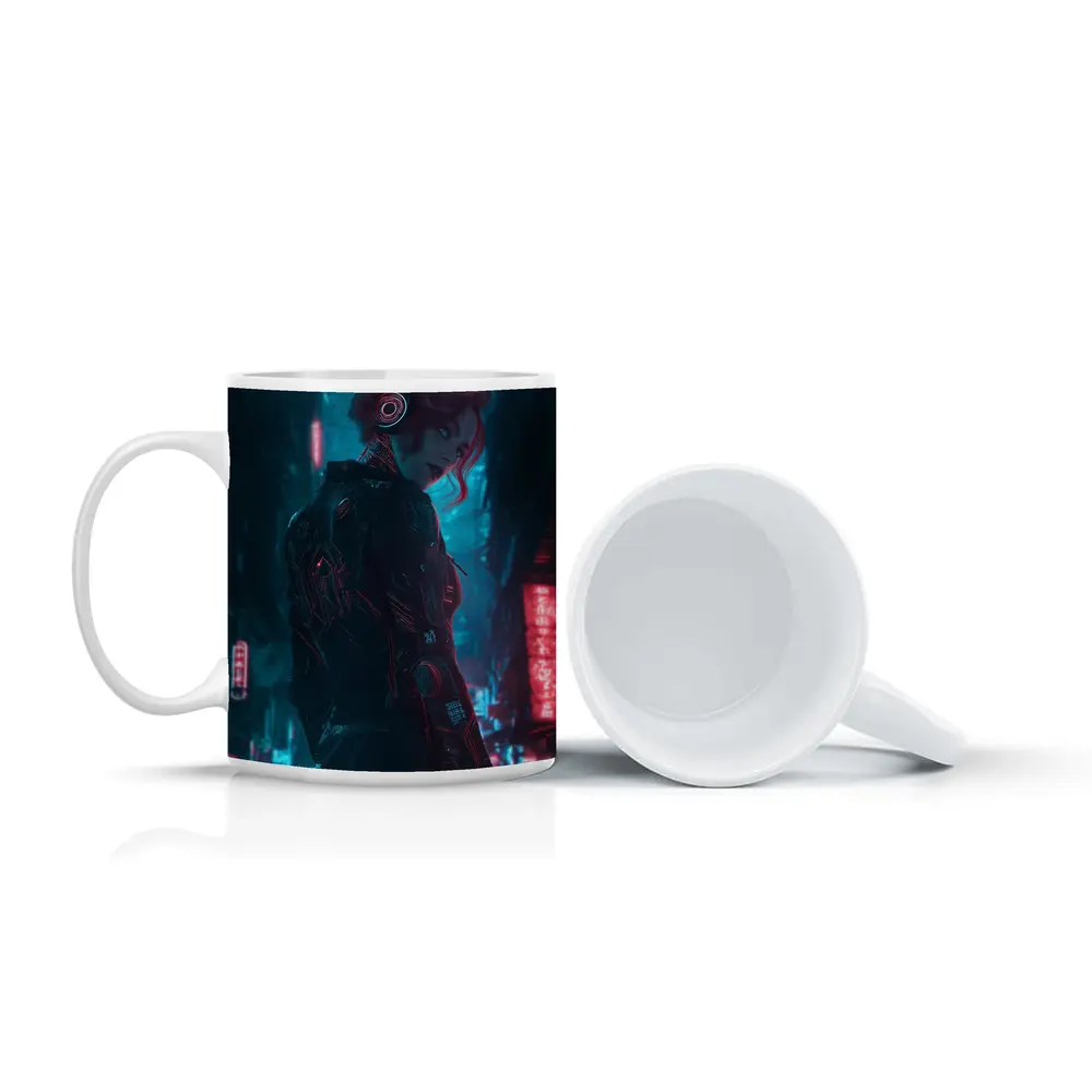 Cyberpunk Woman Neon City Night Art – Mugs