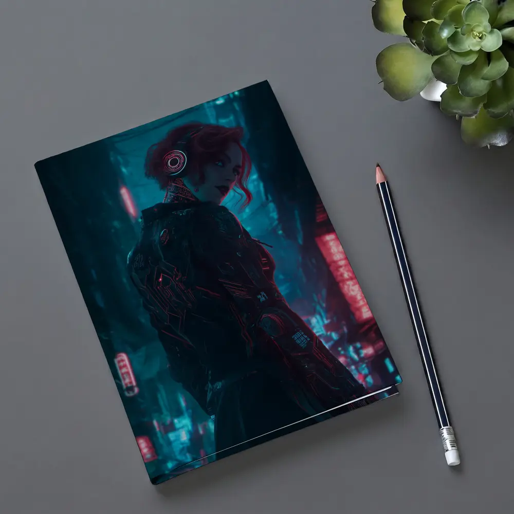 Cyberpunk Woman Neon City Night Art – Notebooks
