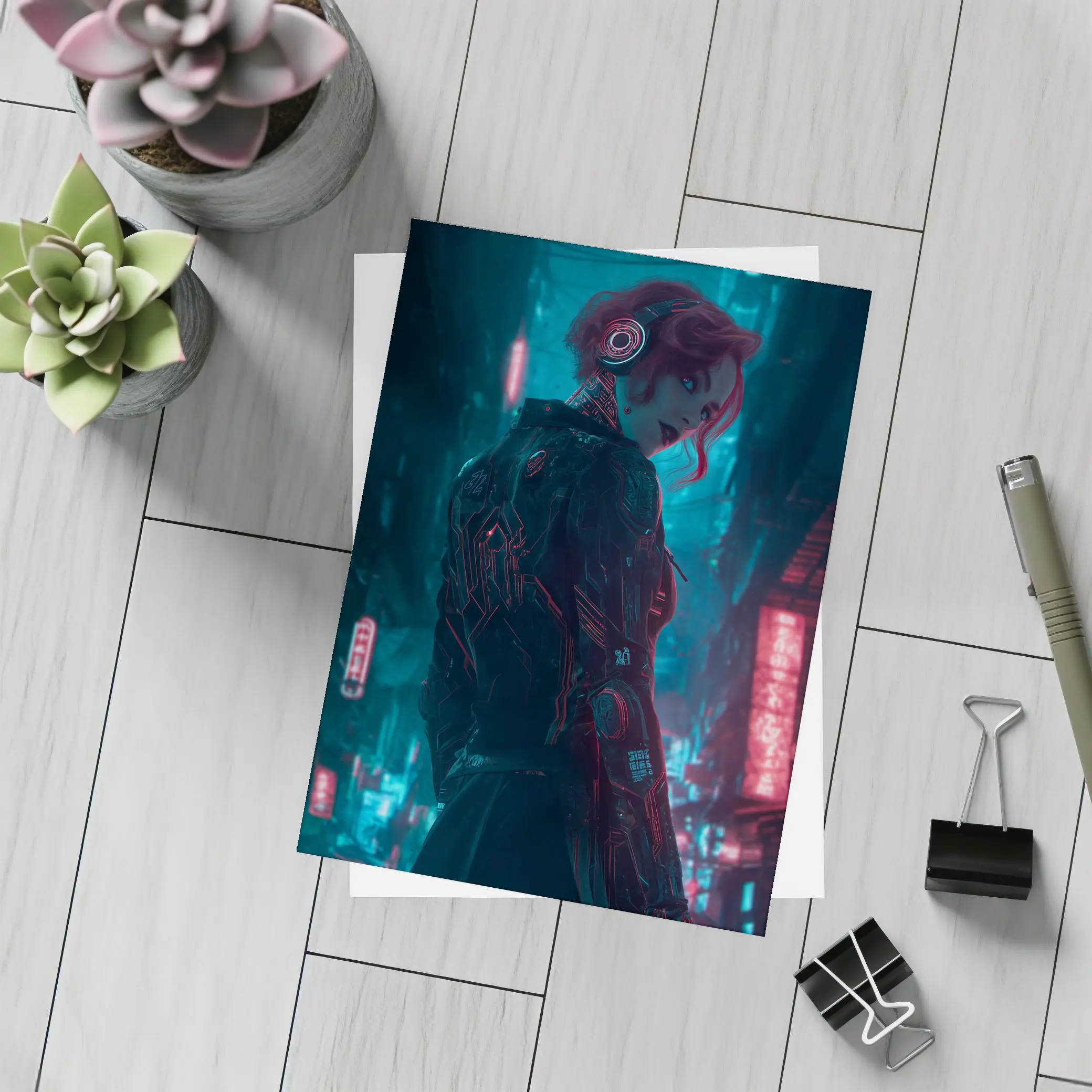 Cyberpunk Woman Neon City Night Art – Postcards