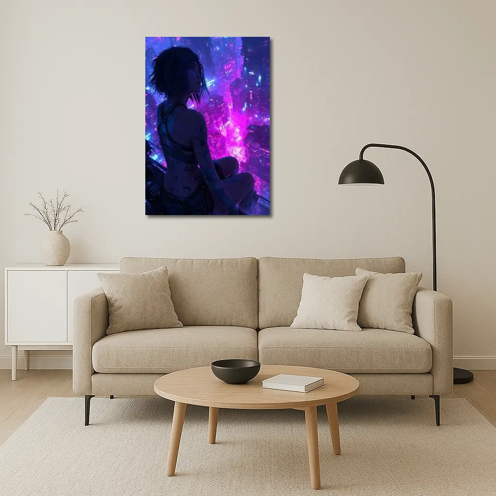Anime Girl Overlooking Neon Cyberpunk City – Wall Art