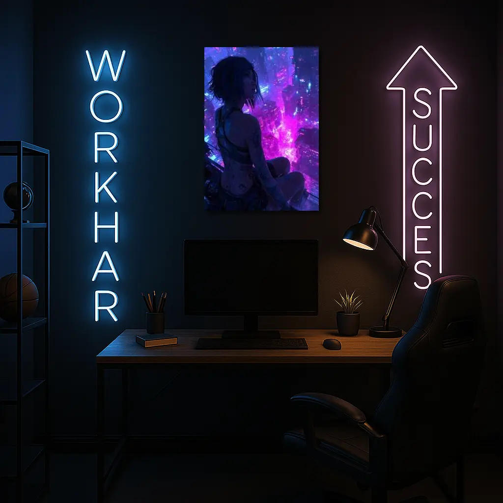 Anime Girl Overlooking Neon Cyberpunk City – Wall Art