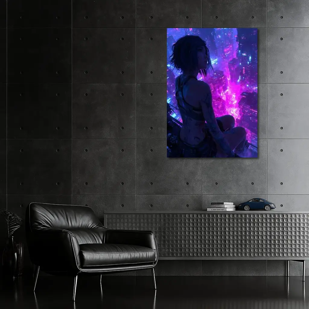 Anime Girl Overlooking Neon Cyberpunk City – Wall Art