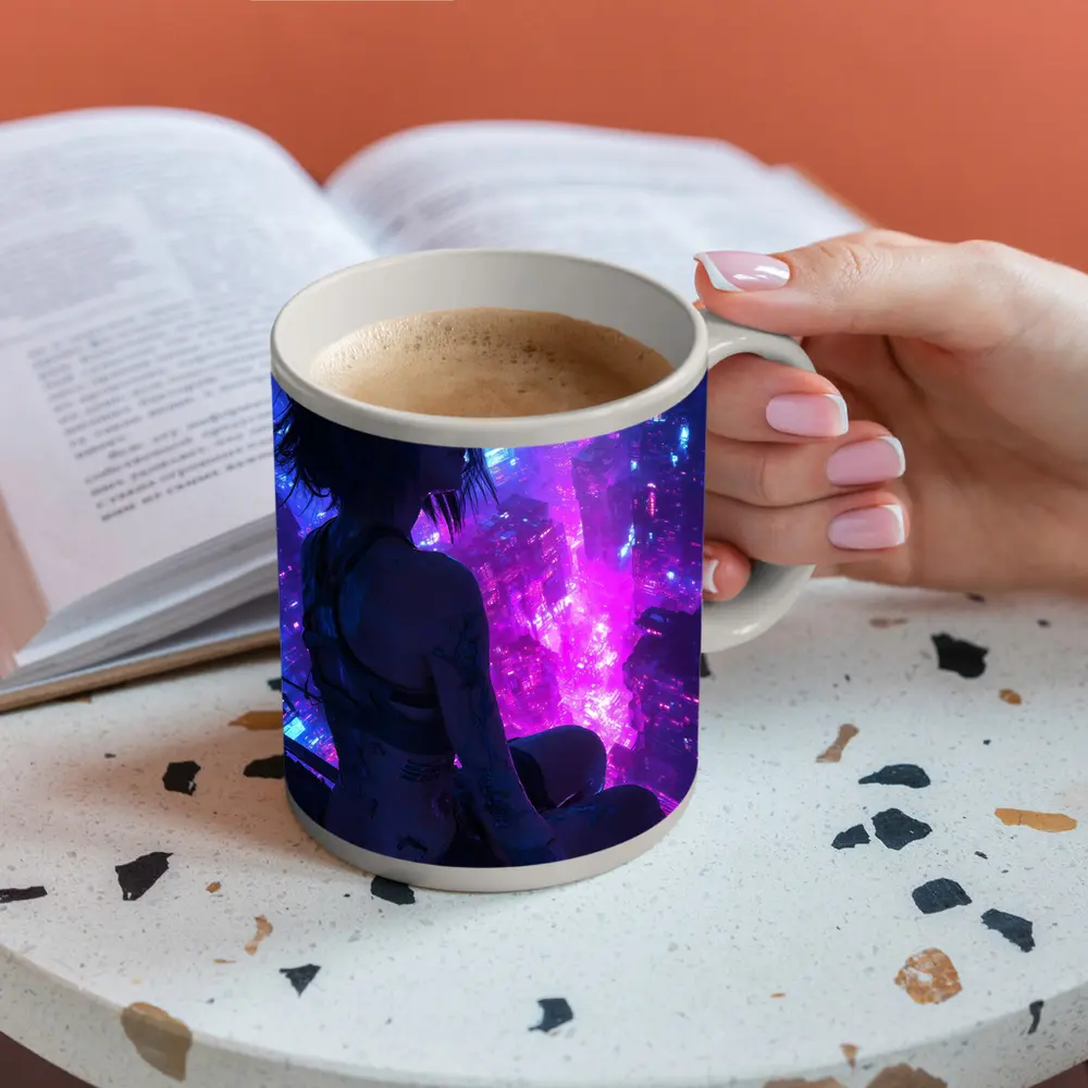 Anime Girl Overlooking Neon Cyberpunk City – Mugs