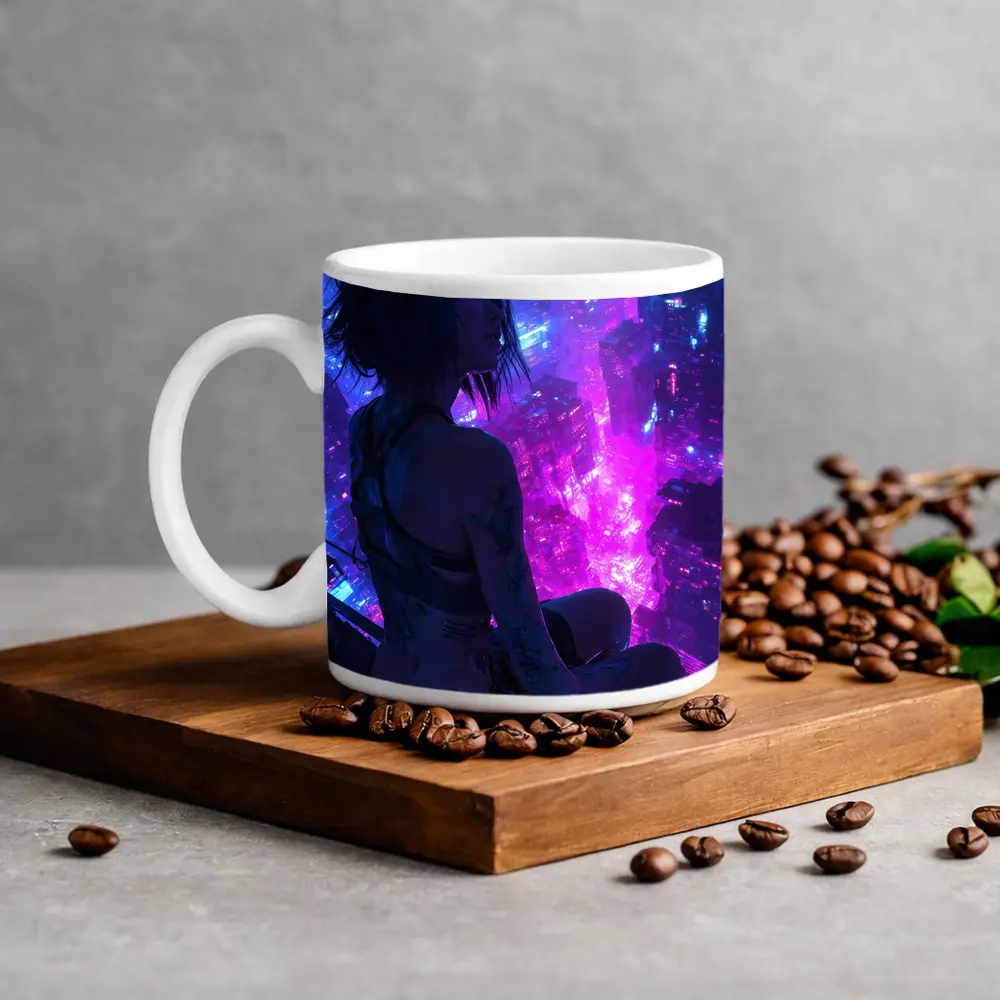 Anime Girl Overlooking Neon Cyberpunk City – Mugs