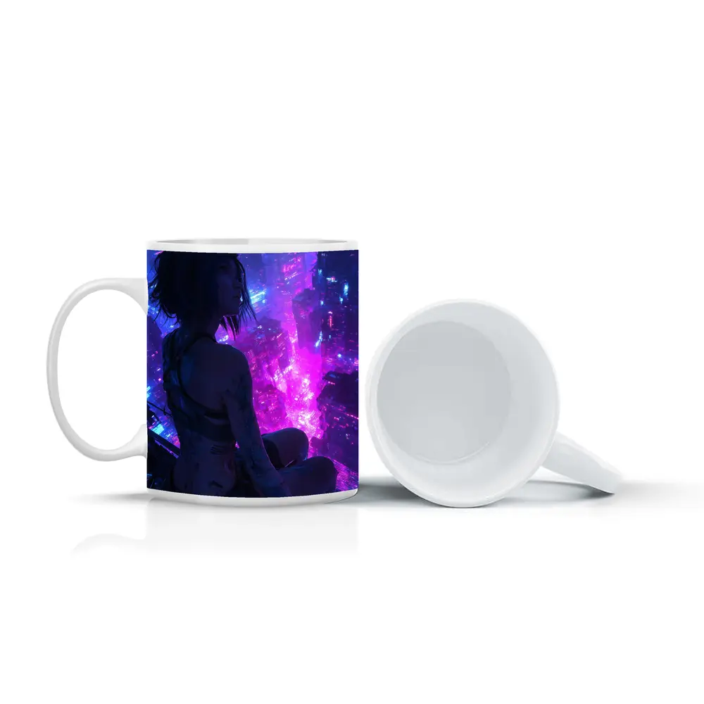 Anime Girl Overlooking Neon Cyberpunk City – Mugs