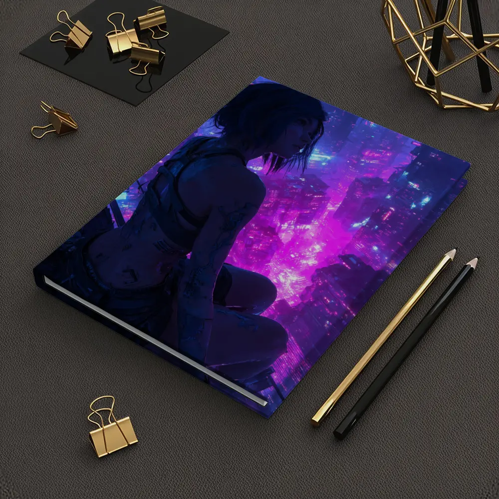 Anime Girl Overlooking Neon Cyberpunk City – Notebooks