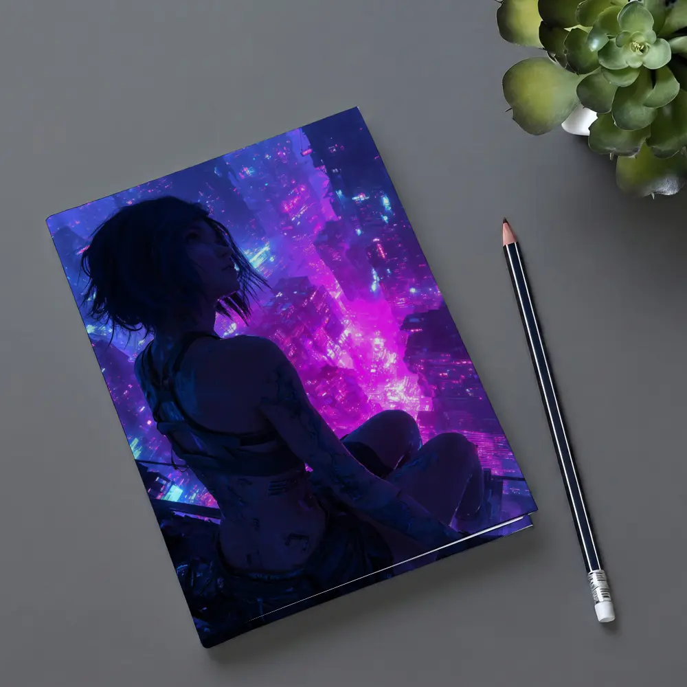Anime Girl Overlooking Neon Cyberpunk City – Notebooks