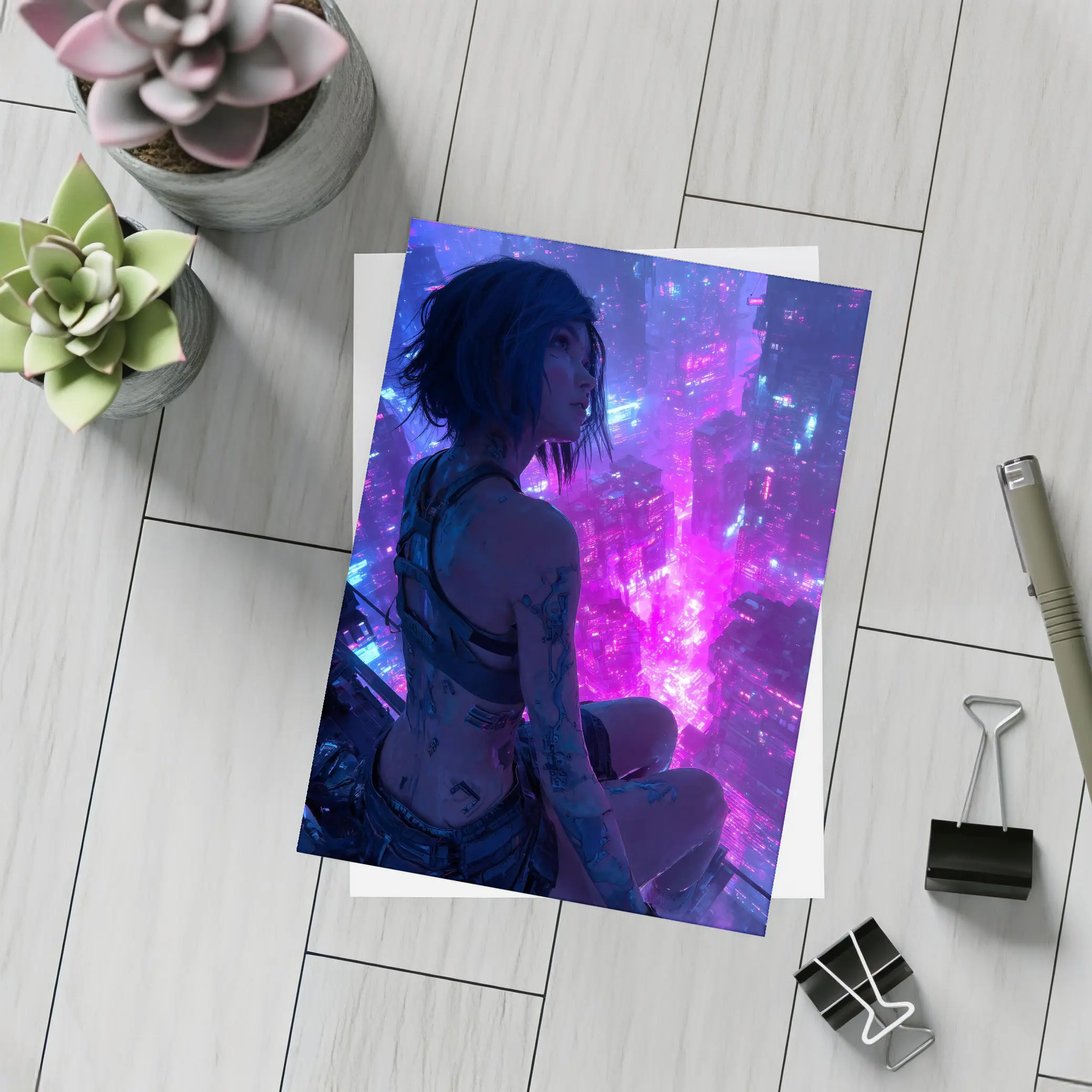 Anime Girl Overlooking Neon Cyberpunk City – Postcards