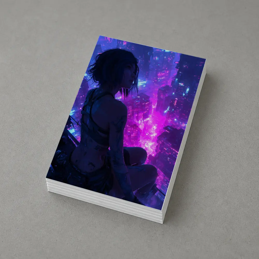 Anime Girl Overlooking Neon Cyberpunk City – Postcards