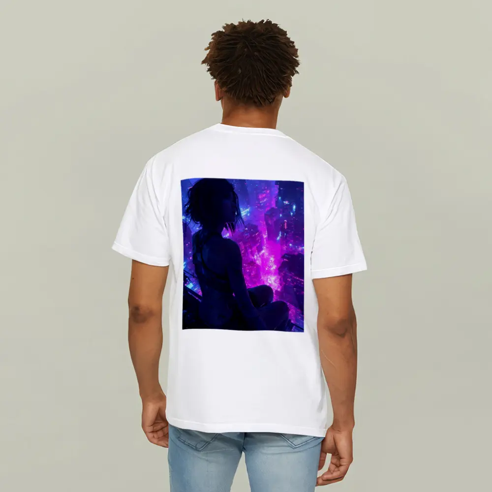 Anime Girl Overlooking Neon Cyberpunk City – T-Shirts