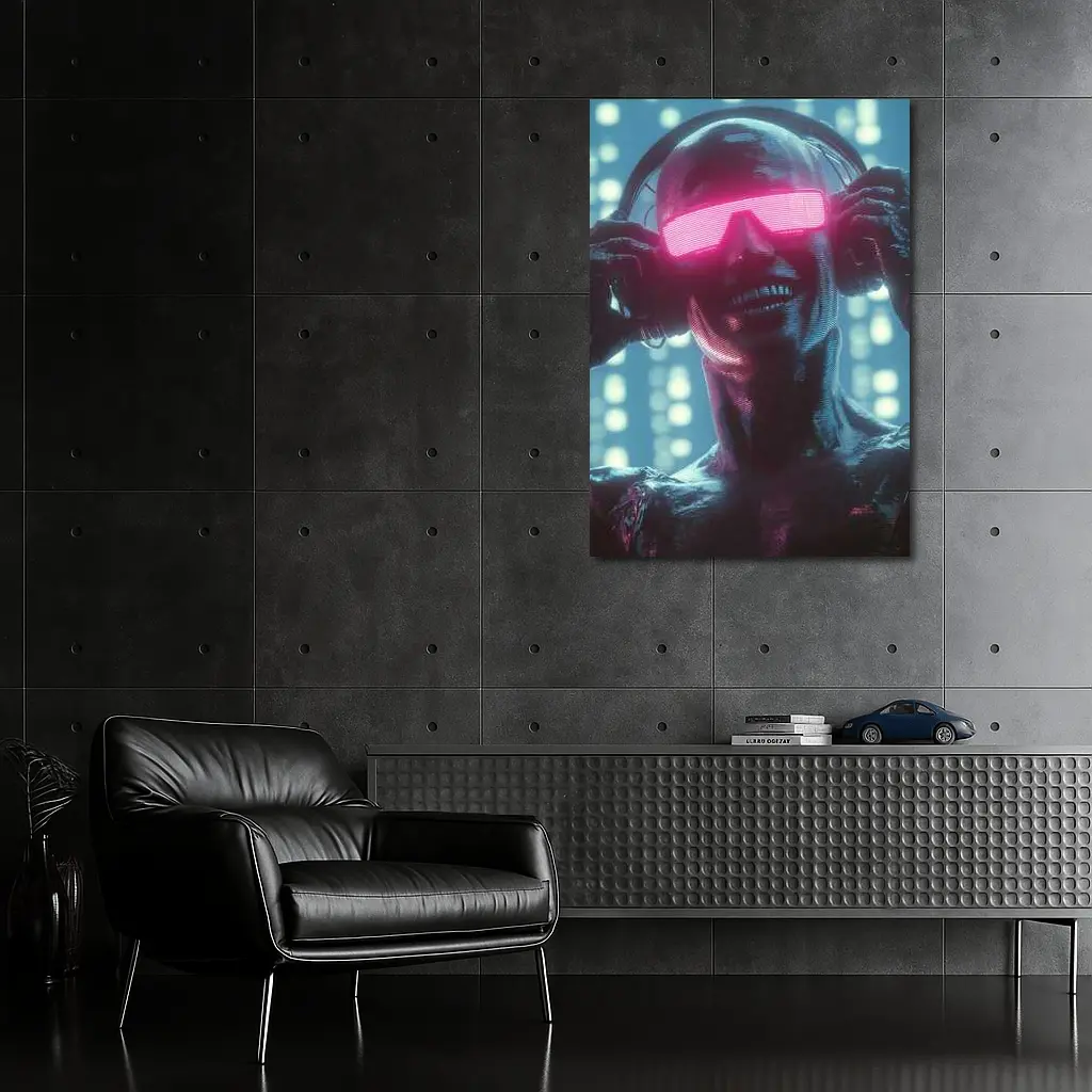 Cyberpunk Robot DJ Neon Pink Visor – Wall Art