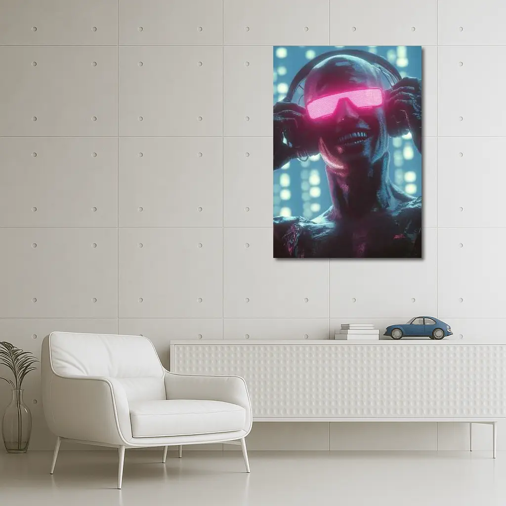 Cyberpunk Robot DJ Neon Pink Visor – Wall Art