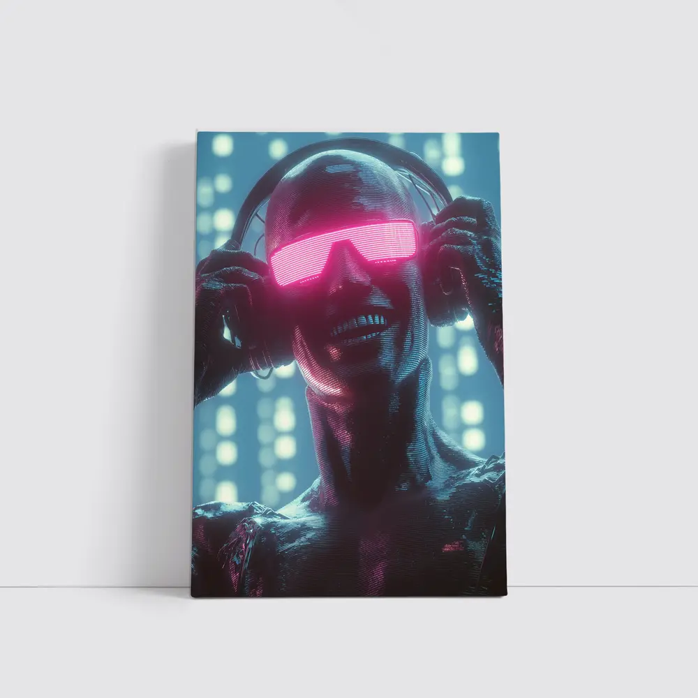 Cyberpunk Robot DJ Neon Pink Visor – Wall Art
