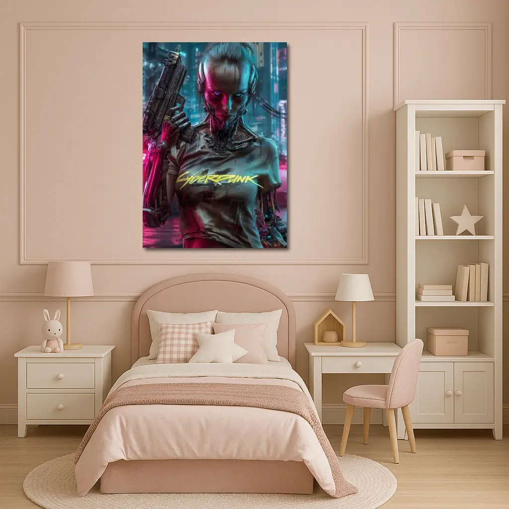 Cyberpunk Woman Cyborg Neon City Night – Wall Art