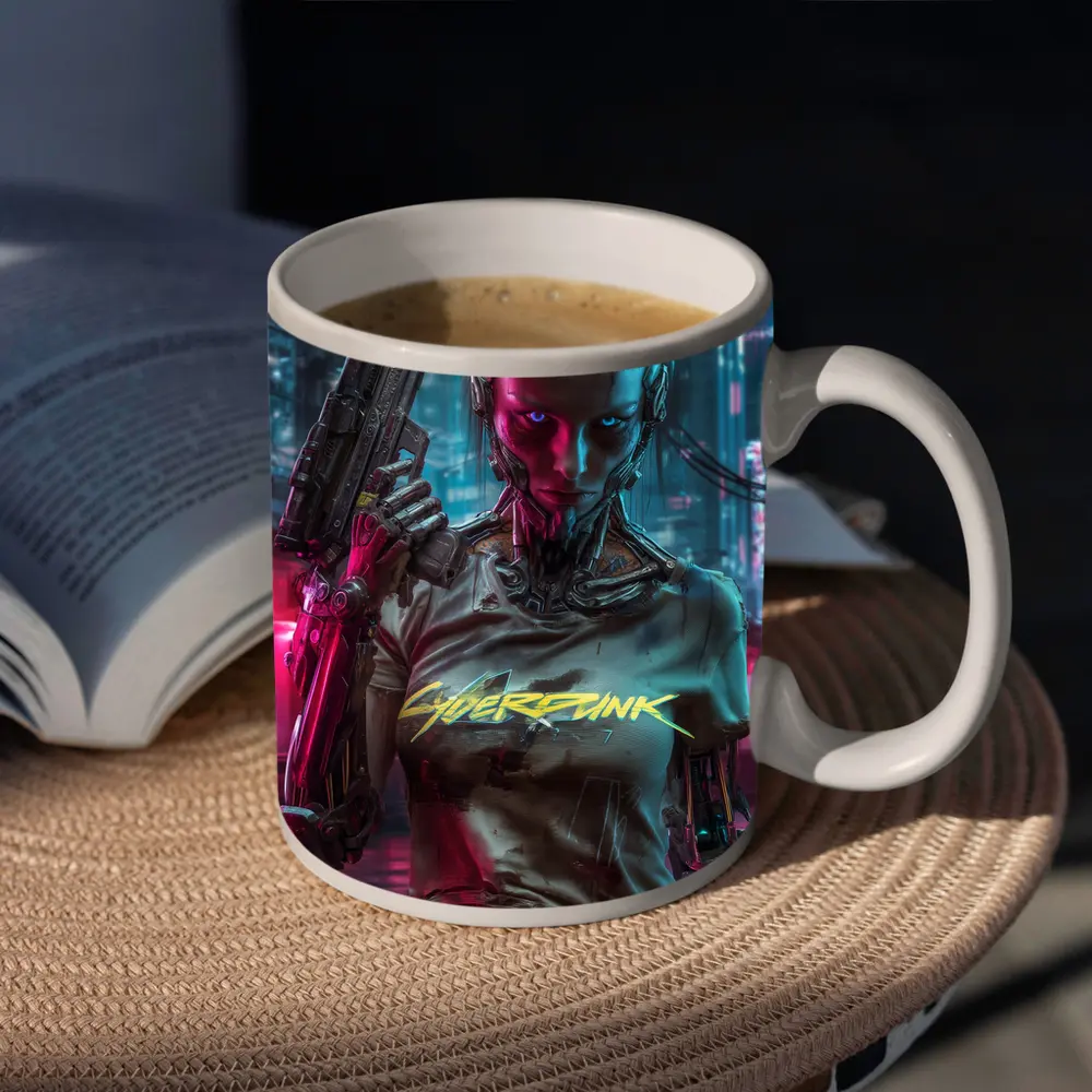 Cyberpunk Woman Cyborg Neon City Night – Mugs