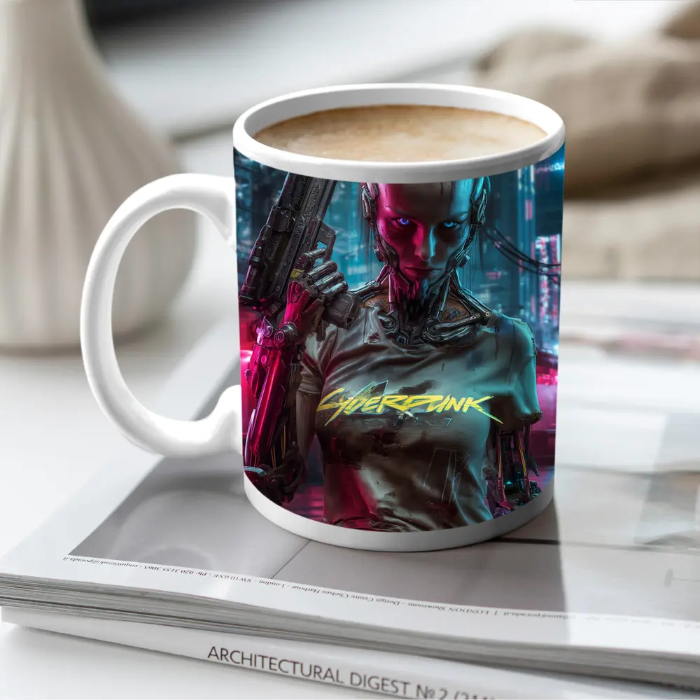 Cyberpunk Woman Cyborg Neon City Night – Mugs