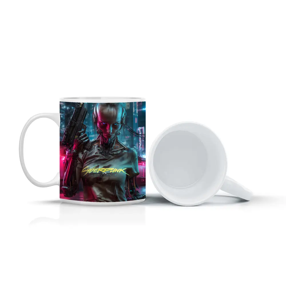 Cyberpunk Woman Cyborg Neon City Night – Mugs