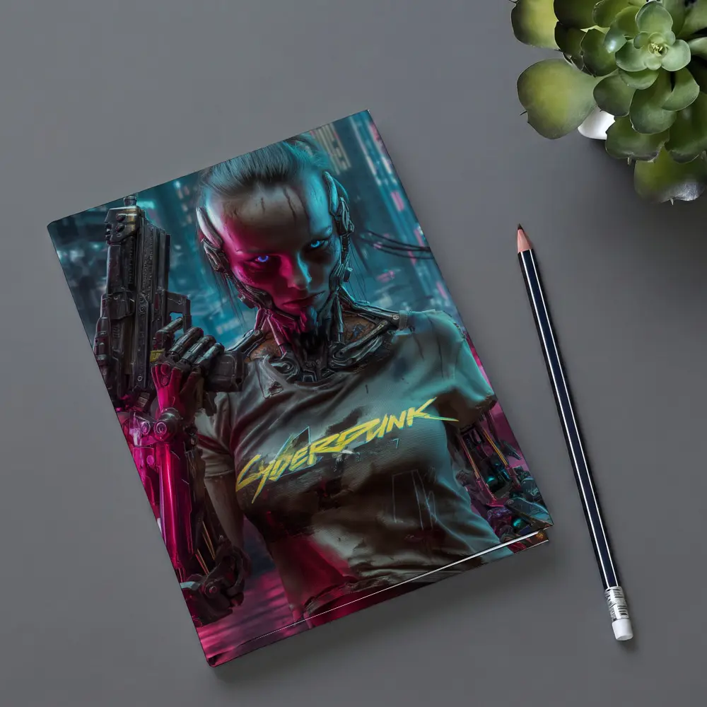 Cyberpunk Woman Cyborg Neon City Night – Notebooks