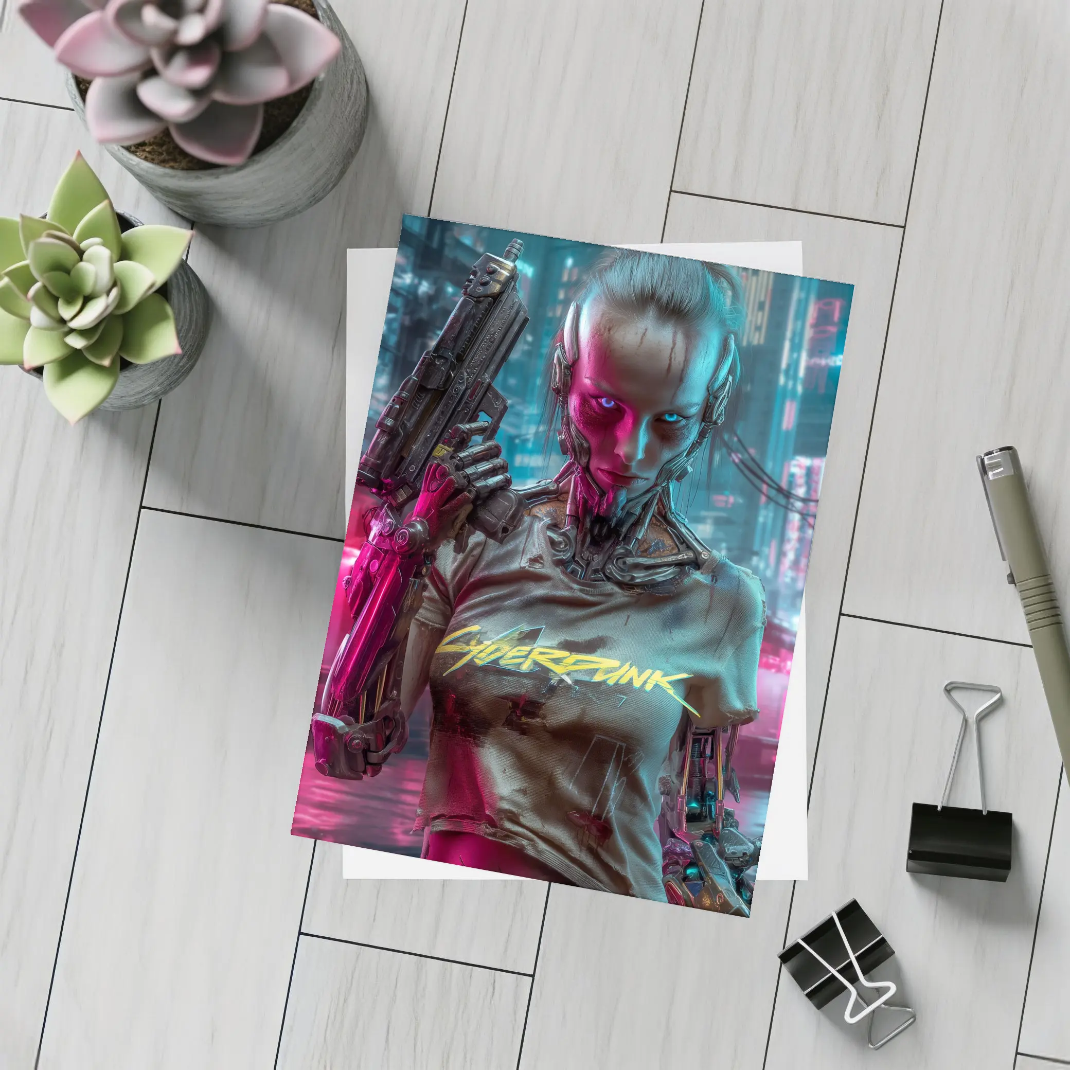 Cyberpunk Woman Cyborg Neon City Night – Postcards