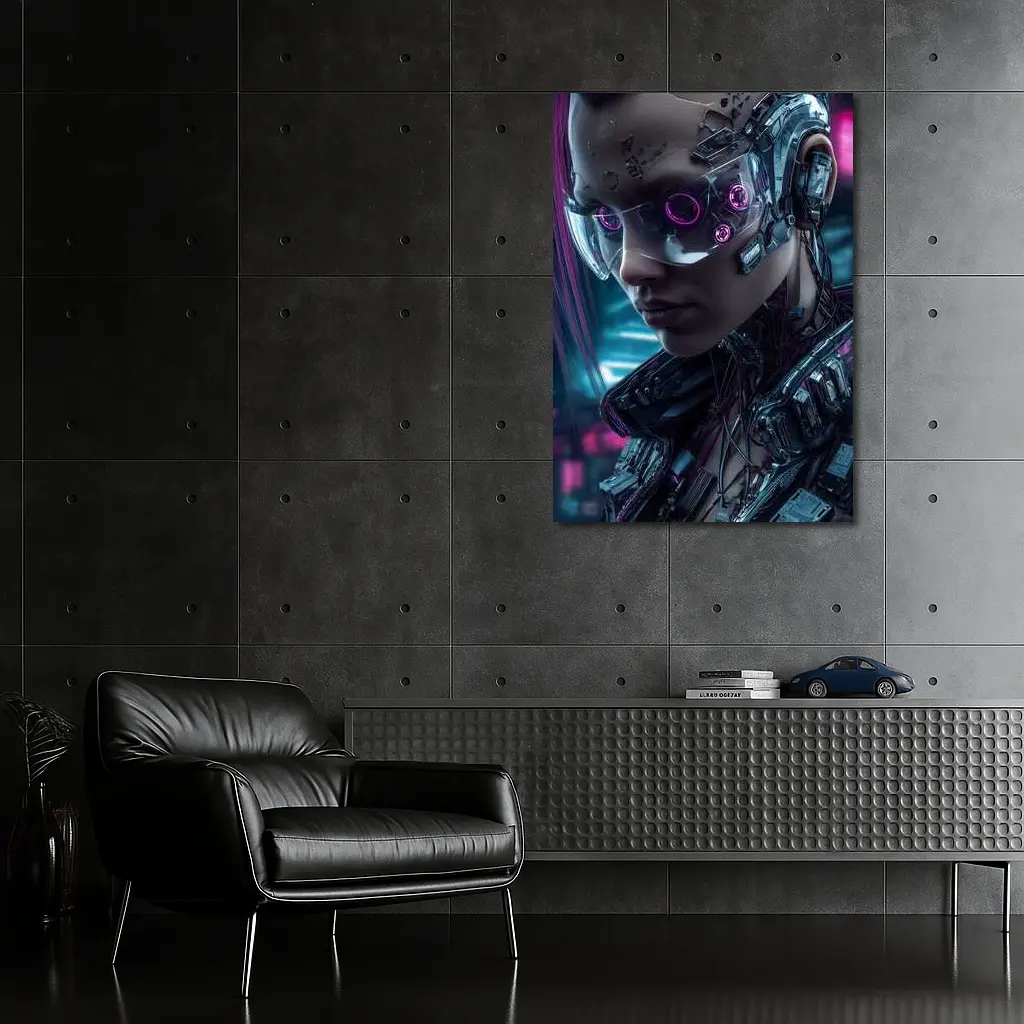 Cyberpunk Female Cyborg Neon City Portrait – Wall Art