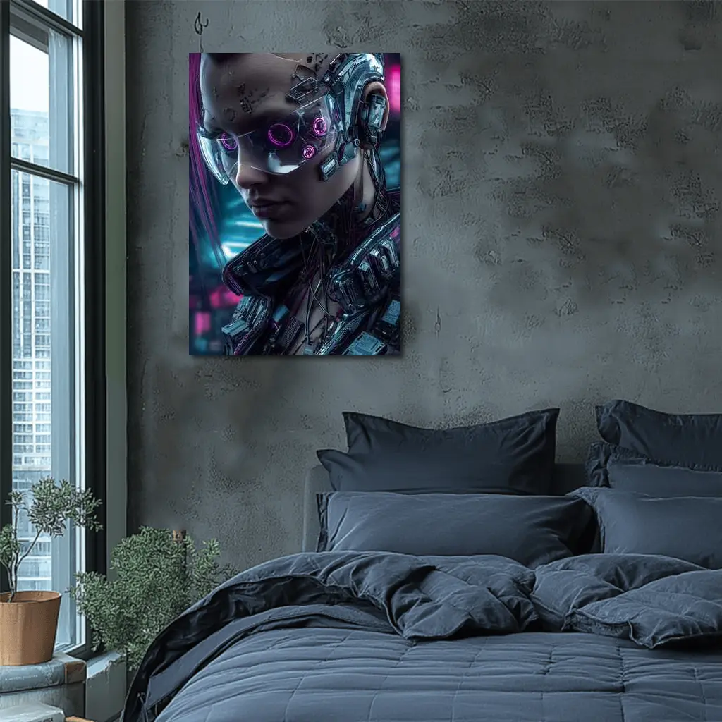 Cyberpunk Female Cyborg Neon City Portrait – Wall Art