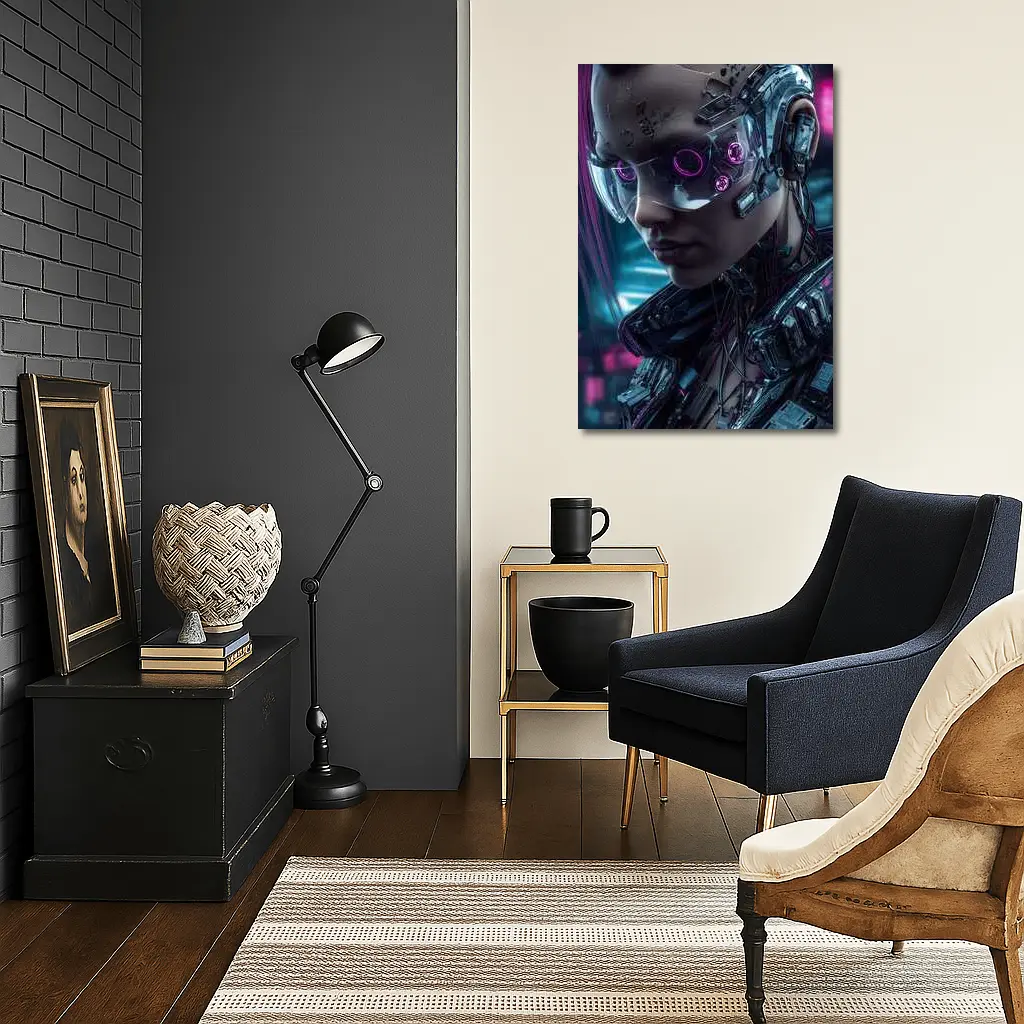 Cyberpunk Female Cyborg Neon City Portrait – Wall Art