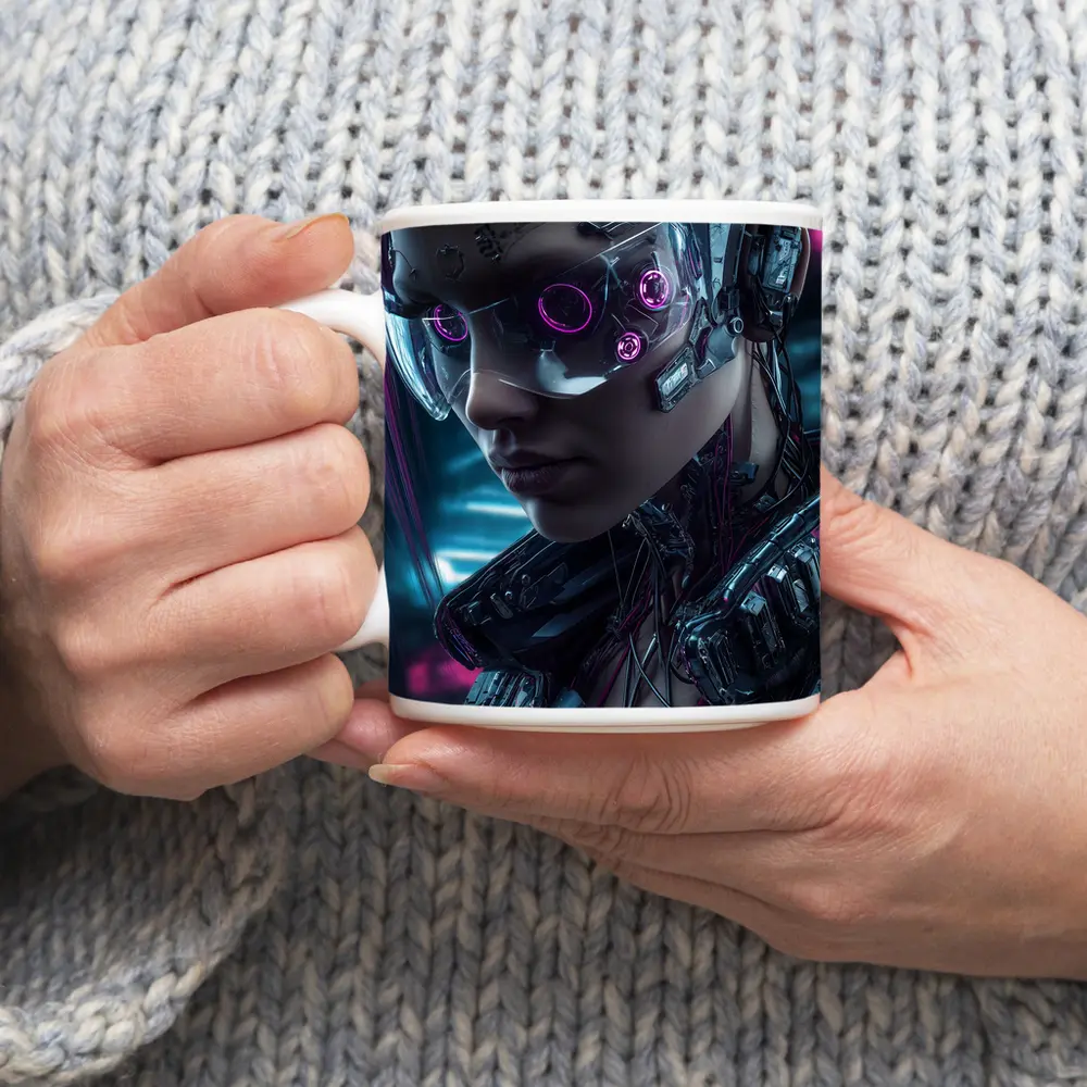 Cyberpunk Female Cyborg Neon City Portrait – Mugs