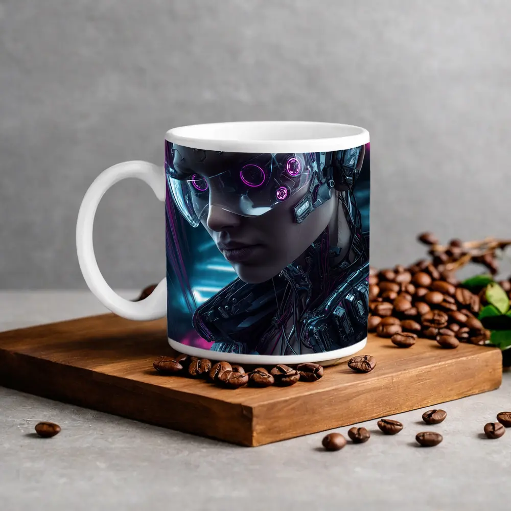 Cyberpunk Female Cyborg Neon City Portrait – Mugs