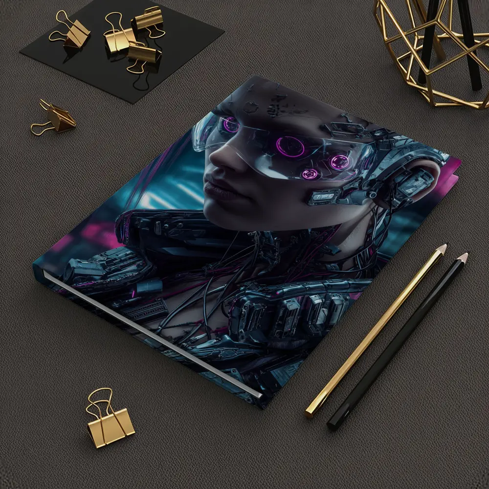 Cyberpunk Female Cyborg Neon City Portrait – Notebooks