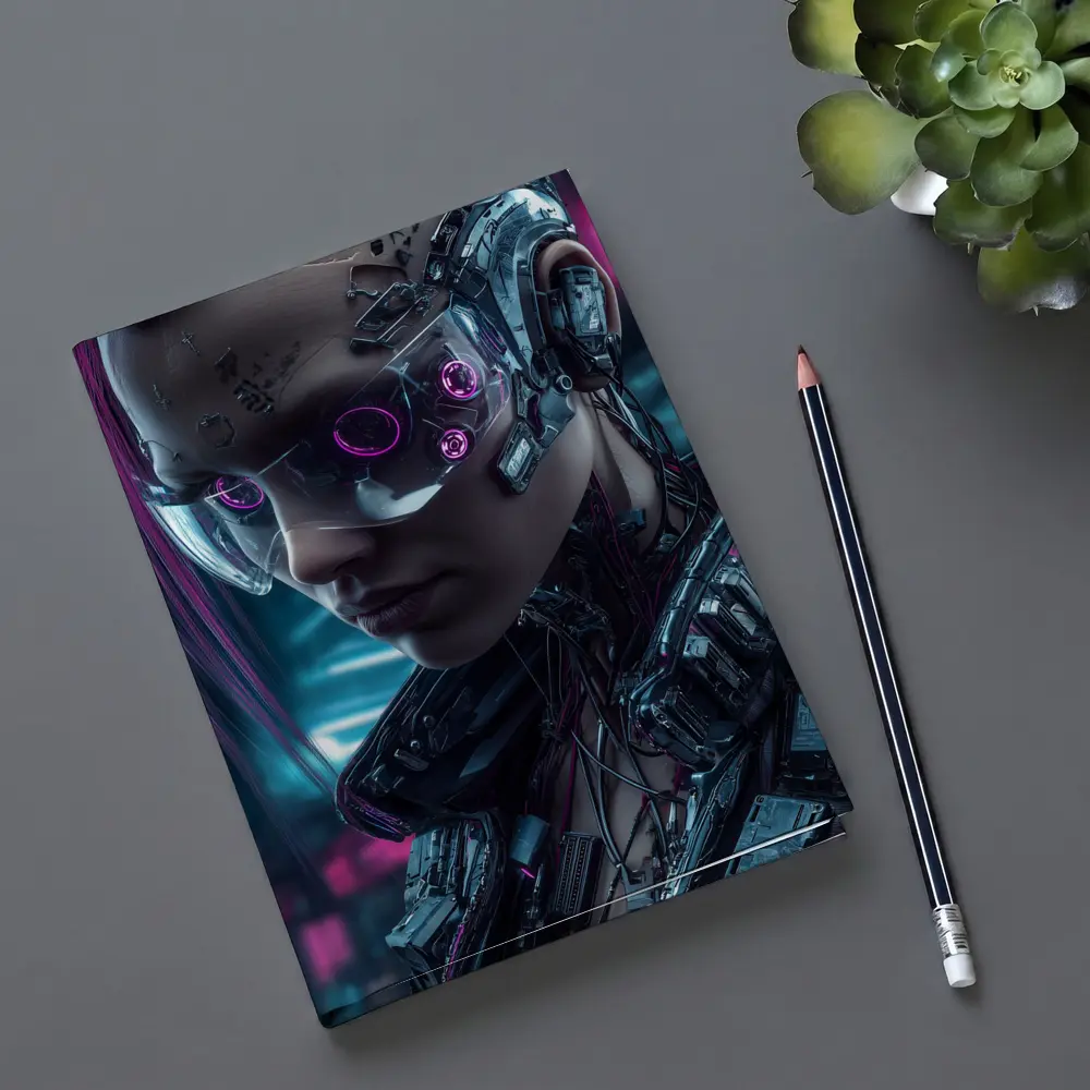 Cyberpunk Female Cyborg Neon City Portrait – Notebooks