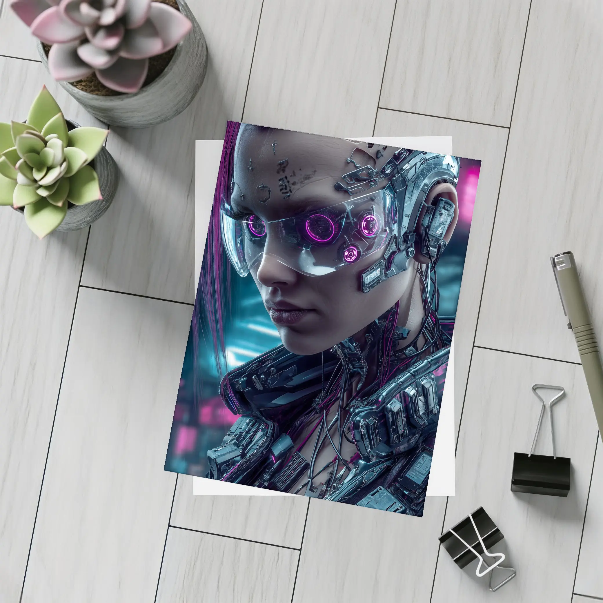 Cyberpunk Female Cyborg Neon City Portrait – Postcards