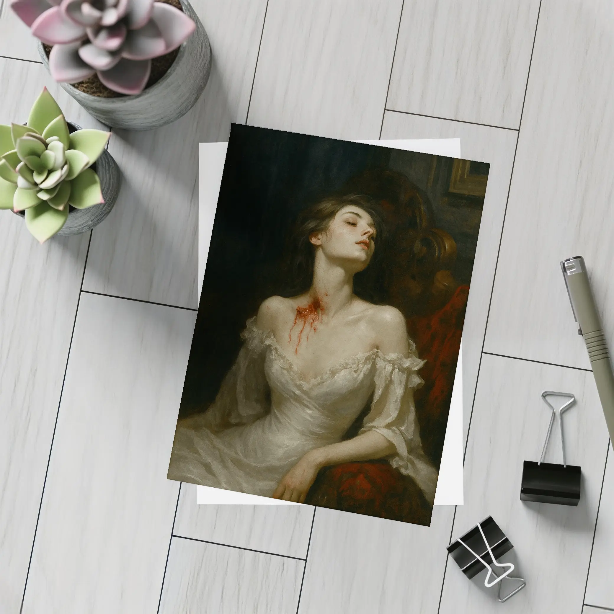 Gothic Woman White Dress Dark Dramatic Painting – Postcards